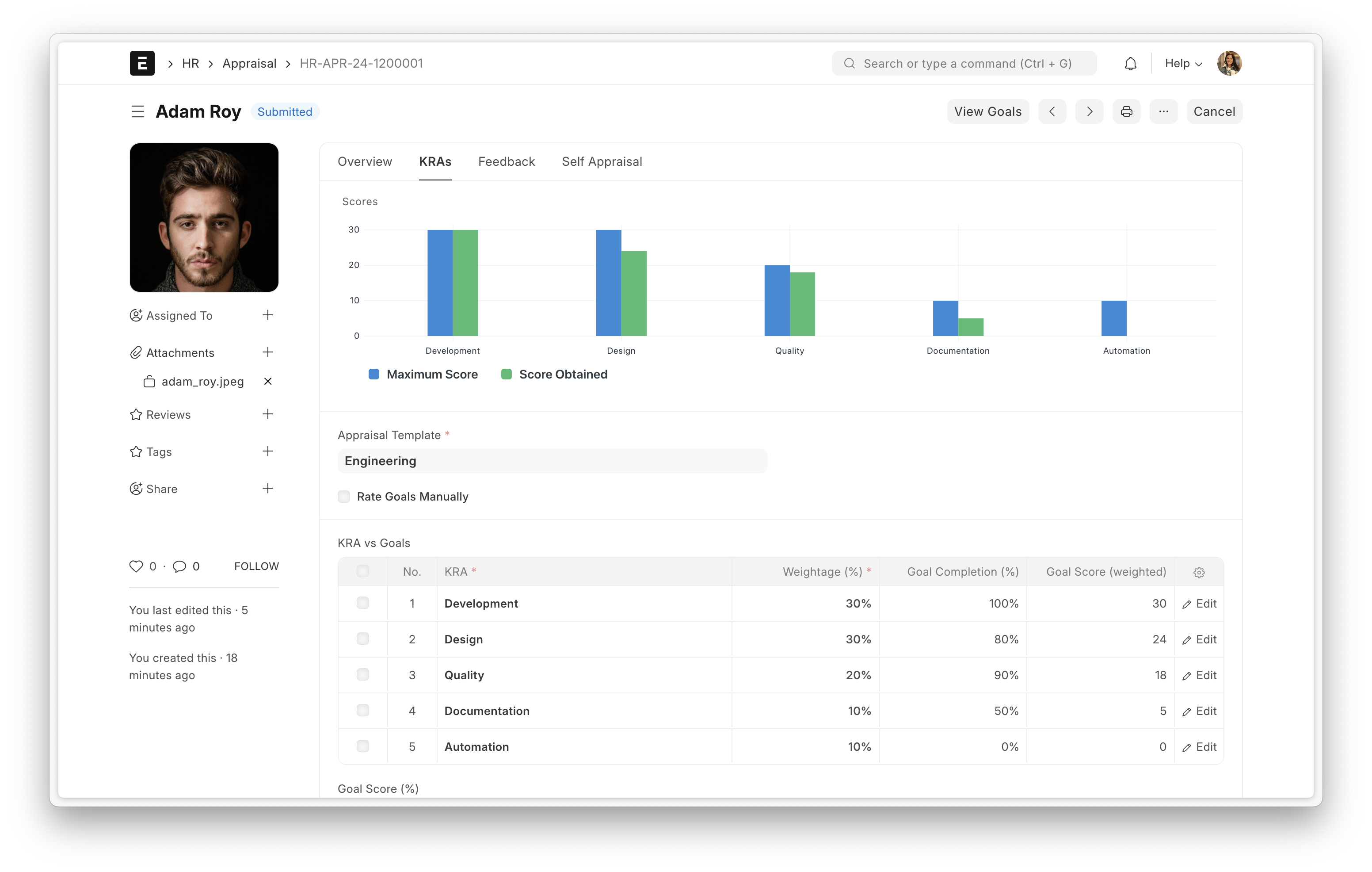 HRMS performance and appraisal screen preview